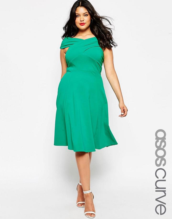 Asos Curve Midi Skater Dress With Bardot Cross Front - Black $28.50