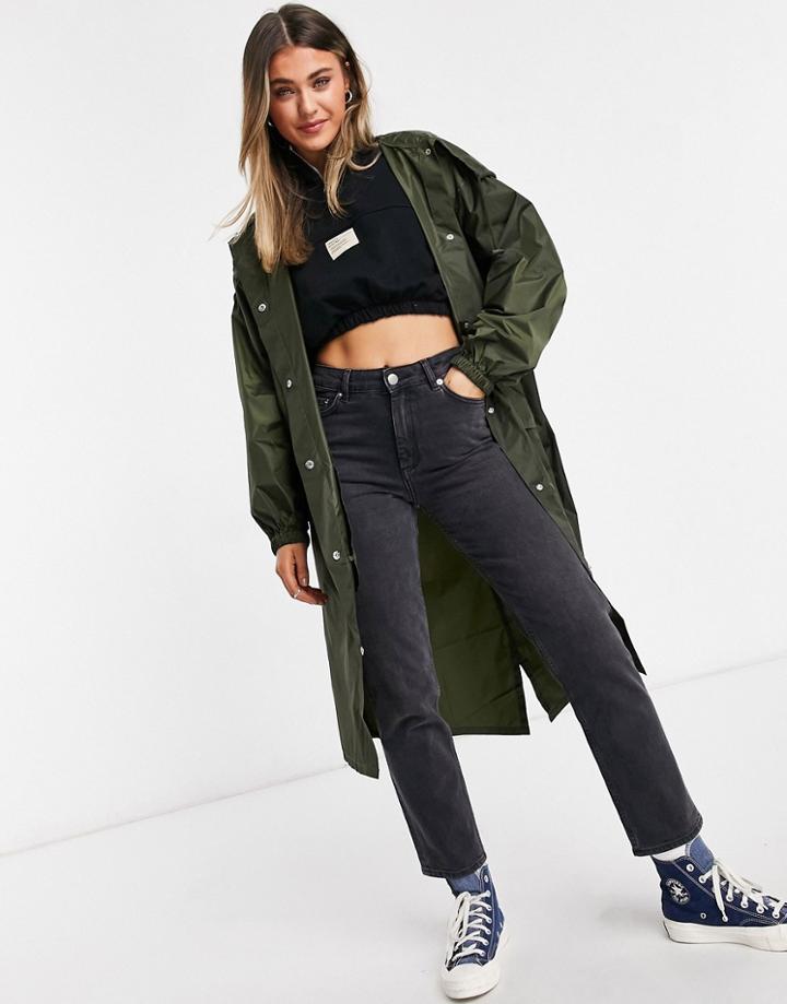 Asos Design Rain Parka In Khaki-green
