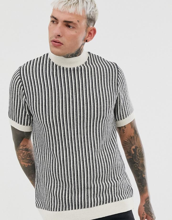 Asos Design Knitted Vertical Stripe Turtleneck T-shirt In Monochrome - Multi