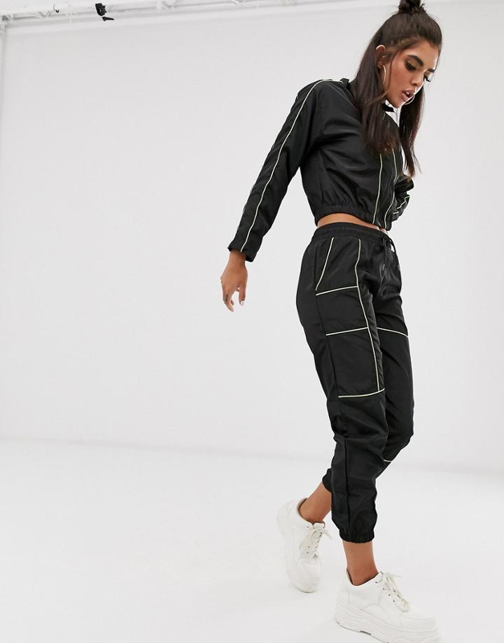 Qed London Contrast Piping Elasticated Cuff Sweatpants In Black And Lime