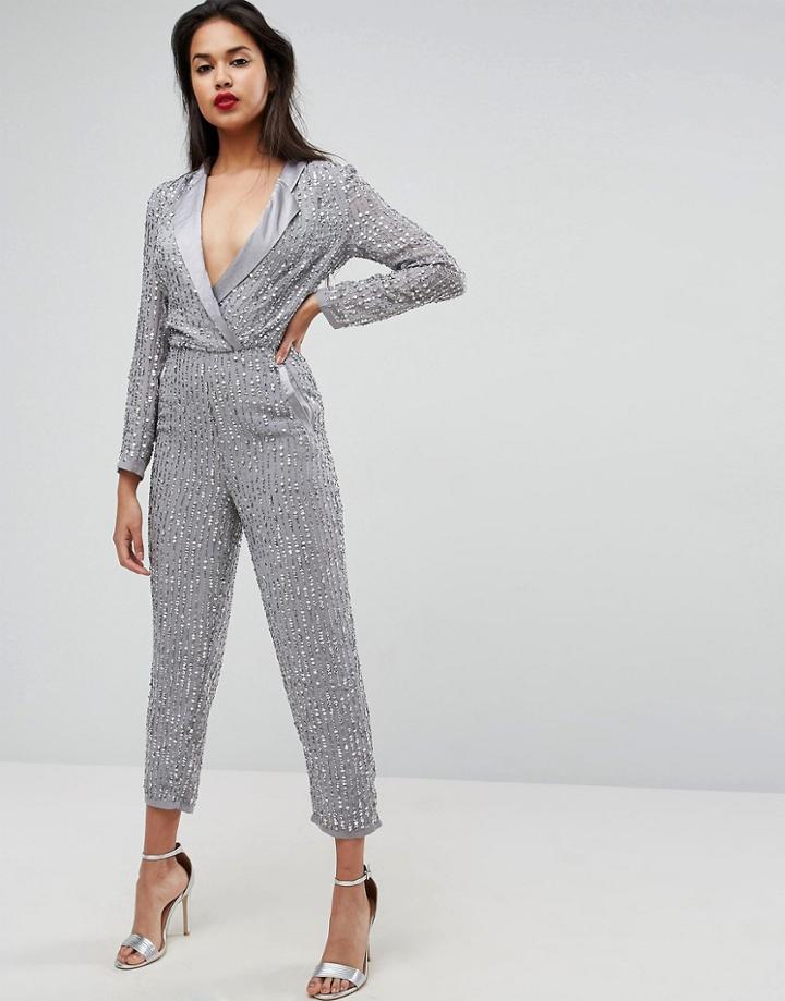 Asos Embellished Tux Jumpsuit - Silver