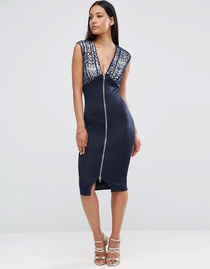 Ax Paris Lace Zip Front Bodycon Dress - Navy