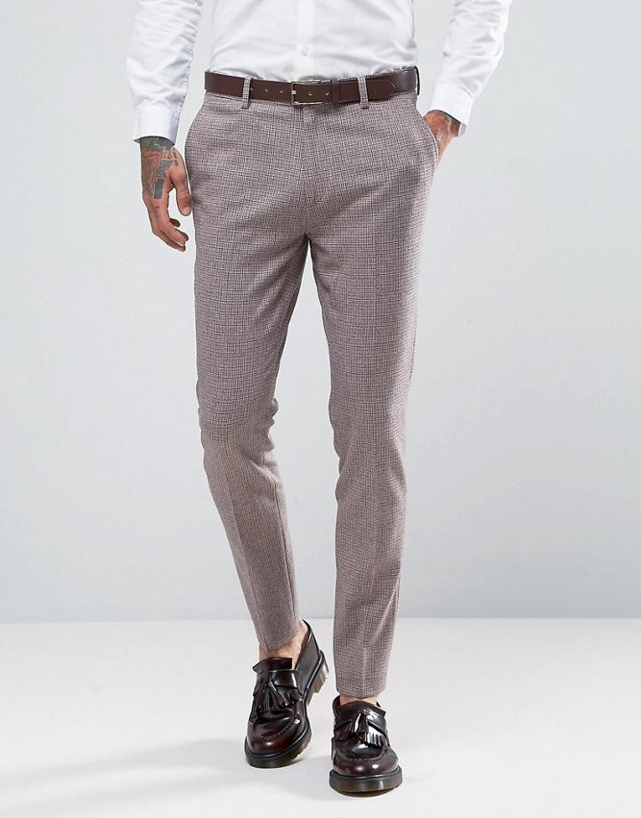 Asos Wedding Skinny Suit Pants In Pink Wool Mix Houndstooth - Pink