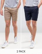 Asos Design 2 Pack Skinny Chino Shorts In Navy & Stone Save-multi