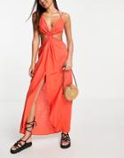 Asos Design Knot Front Strappy Beach Maxi Dress In Orange