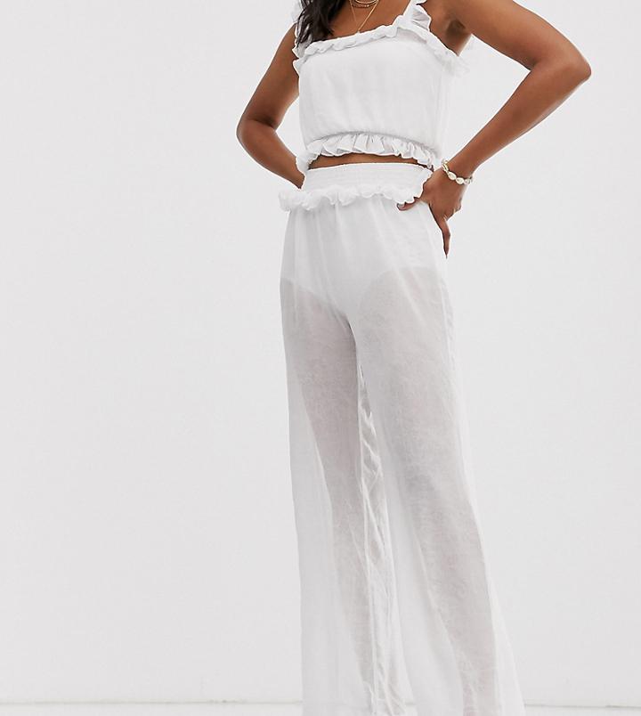 Unique21 Shirred Ruffle Wide Leg Chiffon Pants - White