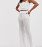 Unique21 Shirred Ruffle Wide Leg Chiffon Pants - White