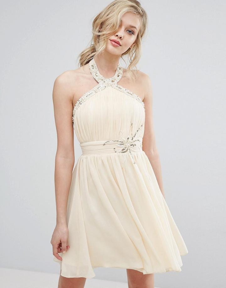 Little Mistress Halterneck Skater Dress With Embellished Detail - Beige