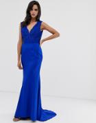 Chi Chi London Plunge Front Lace Maxi Dress With Fishtail In Royal Blue
