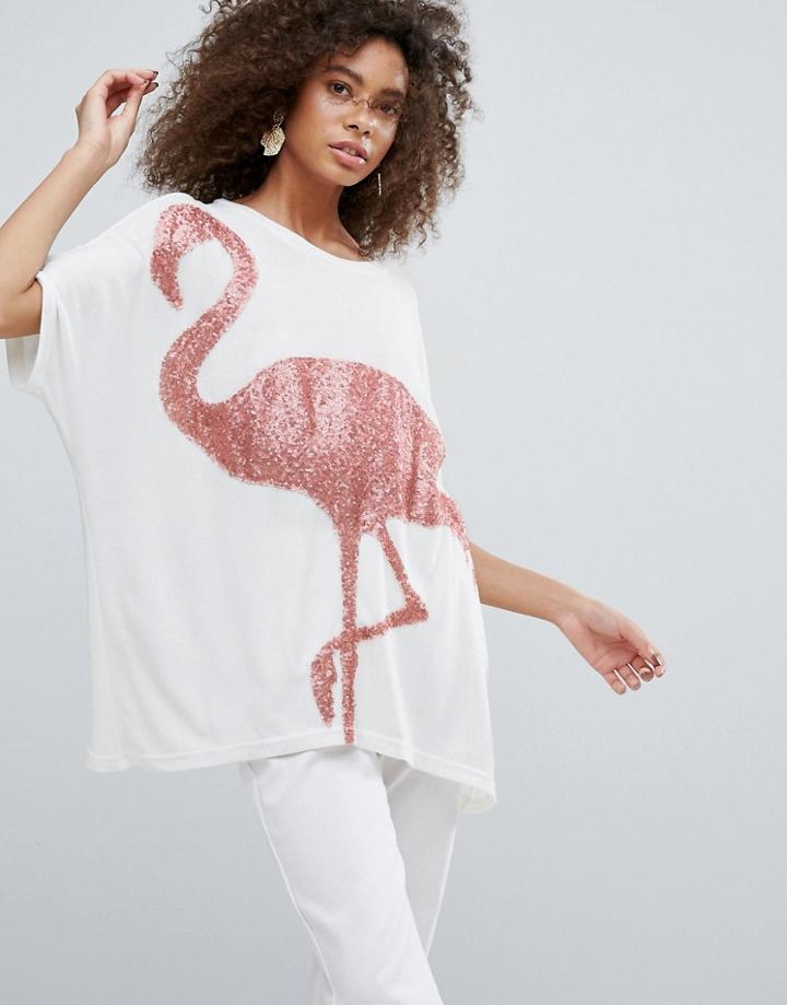 Traffic People Oversized Sequin Flamingo Top - White