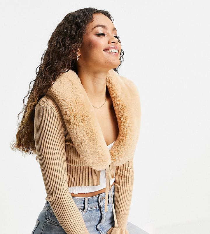 Miss Selfridge Petite Fur Trim Cardigan In Camel-neutral