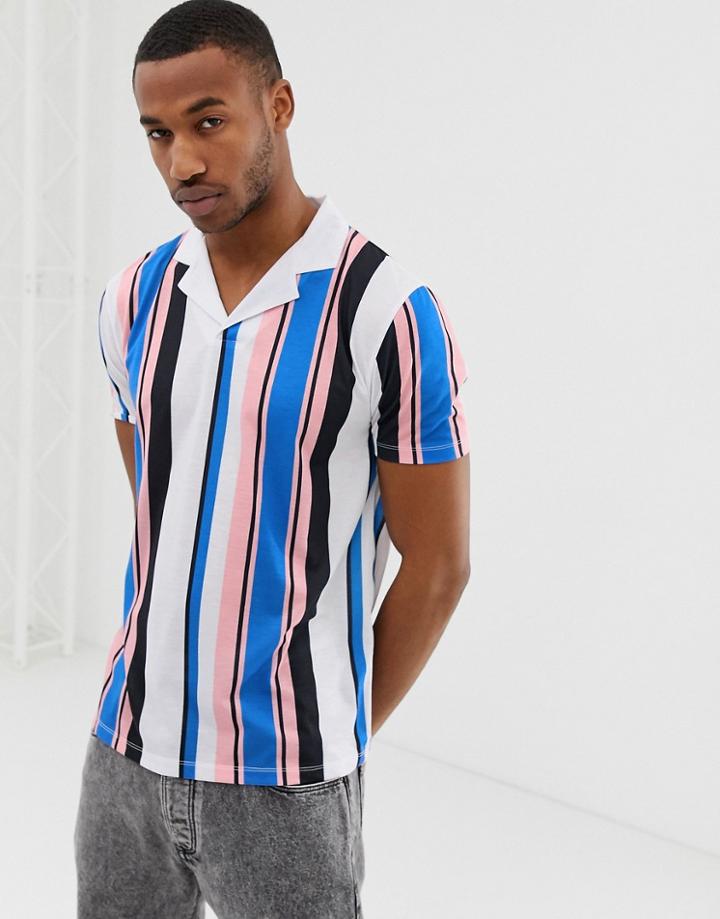 Asos Design Polo With Vertical Stripe And Revere Collar-white