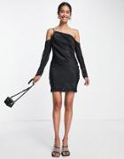 Asos Design Asymmetric Satin Mini Dress With Cold Shoulder In Black