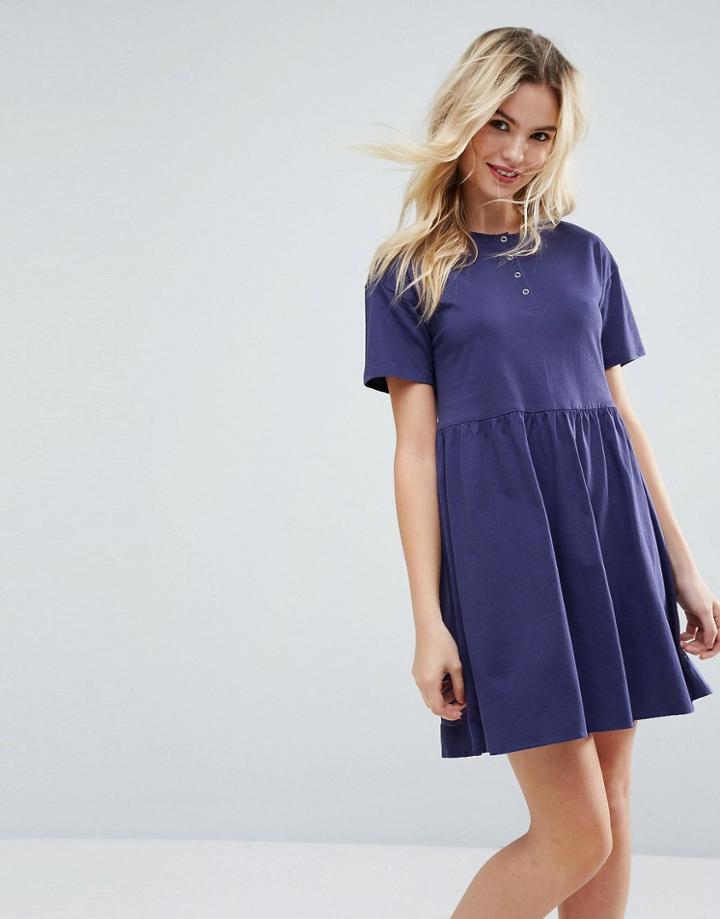 Asos Mini Smock Dress With Button Placket - Blue