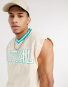 Asos Actual Oversized Sleeveless T-shirt With Chest Print In Stone-neutral