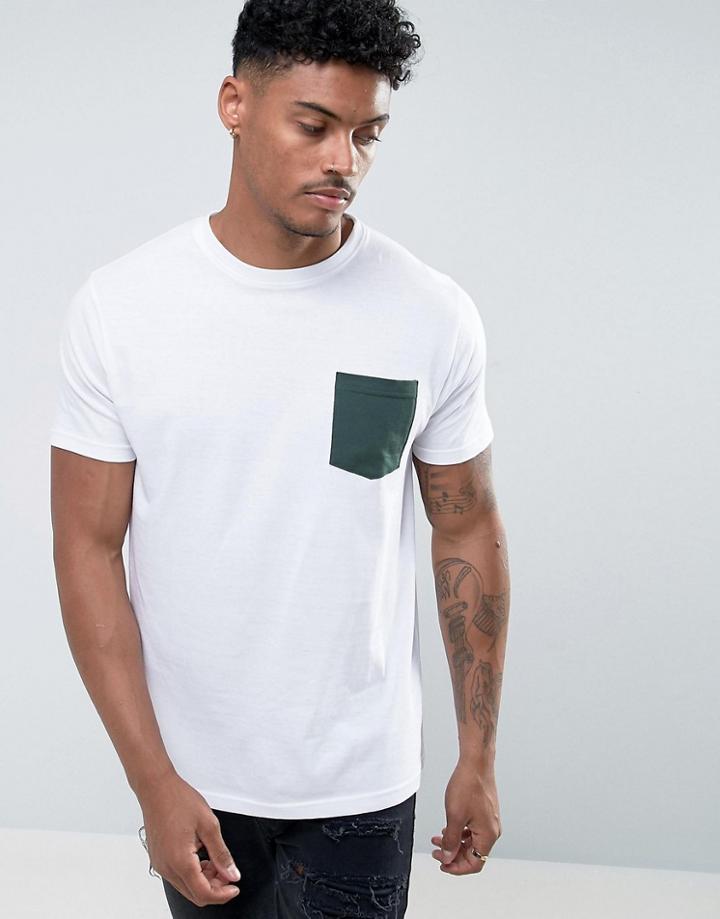 Brave Soul Green Pocket T-shirt - White