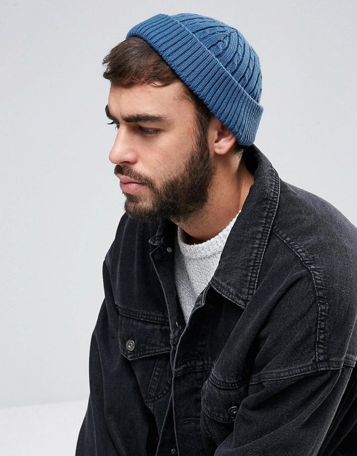 Asos Mini Cable Fisherman Beanie In Denim - Blue