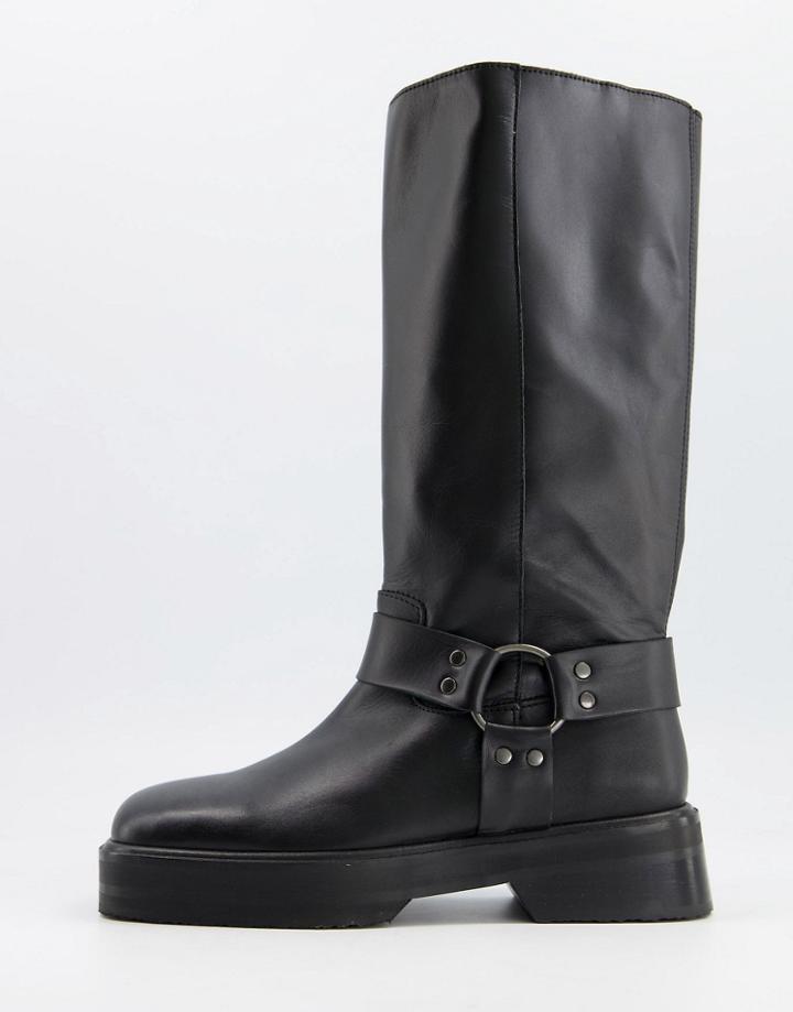 Asos Design Chilli Premium Leather Harness Knee Boots In Black
