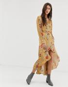 Aratta Satin Wrap Dress In Romantic Floral - Gold