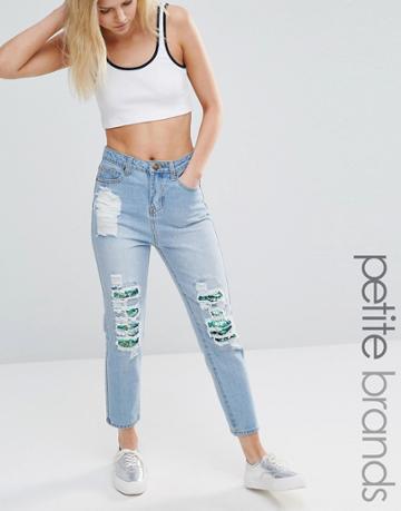 Liquor & Poker Petite Ripped Boyfriend Jeans With Sequin Detail - Blue