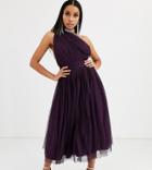 Asos Design Petite One Shoulder Tulle Midi Dress-purple