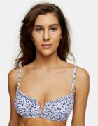 Topshop V-front Ruffle Detail Bikini Top In Blue Flirty Floral-white