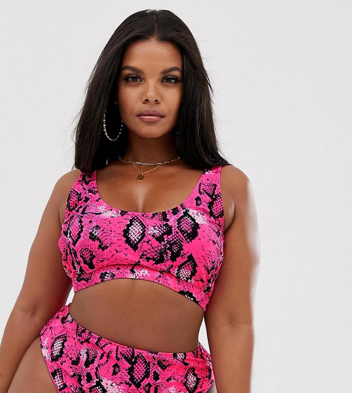 Asos Design Curve Mix And Match Crop Bikini Top In Pink Neon Snake - Pink