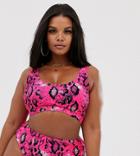 Asos Design Curve Mix And Match Crop Bikini Top In Pink Neon Snake - Pink