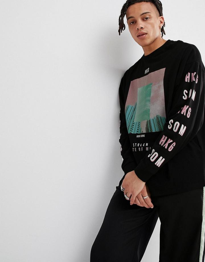 Asos Design Oversized Long Sleeve T-shirt With Photographic And Sleeve Print - Black