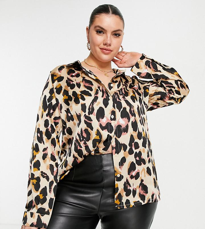 Urban Threads Plus Satin Leopard Print Shirt - Part Of A Set-brown