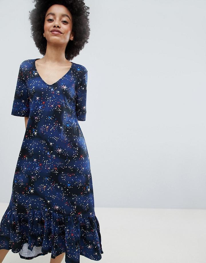 Monki Printed Drop Hem Dress - Blue