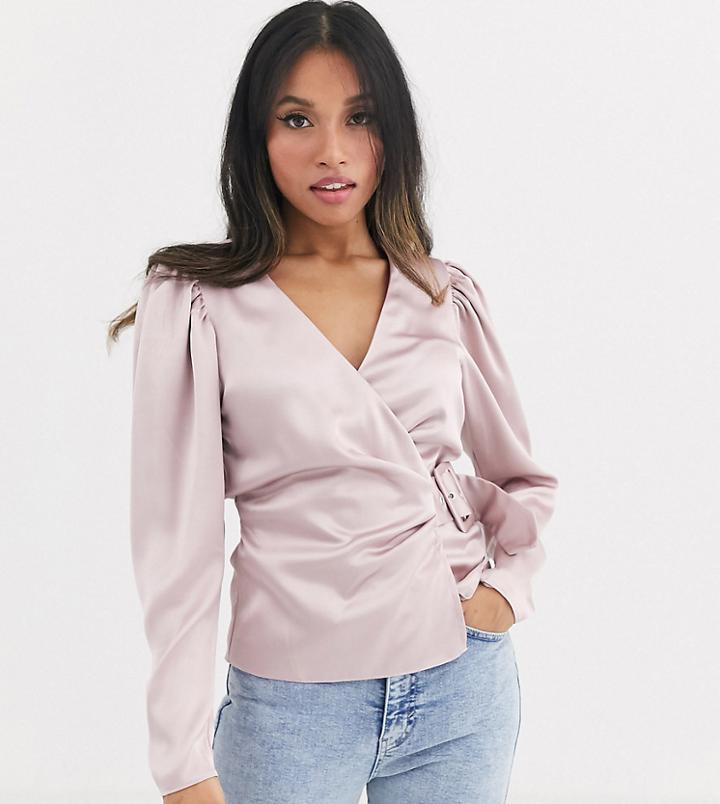 Asos Design Petite Wrap Top With Belt Detail In Satin