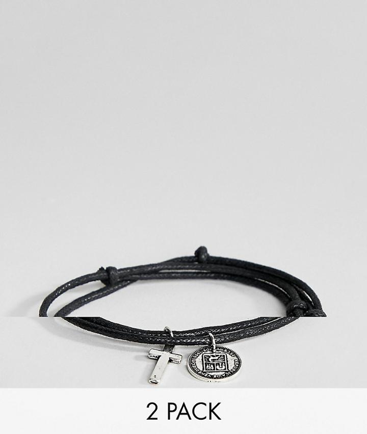 Asos Design 2 Pack Woven Bracelets With Cross And Coin-black