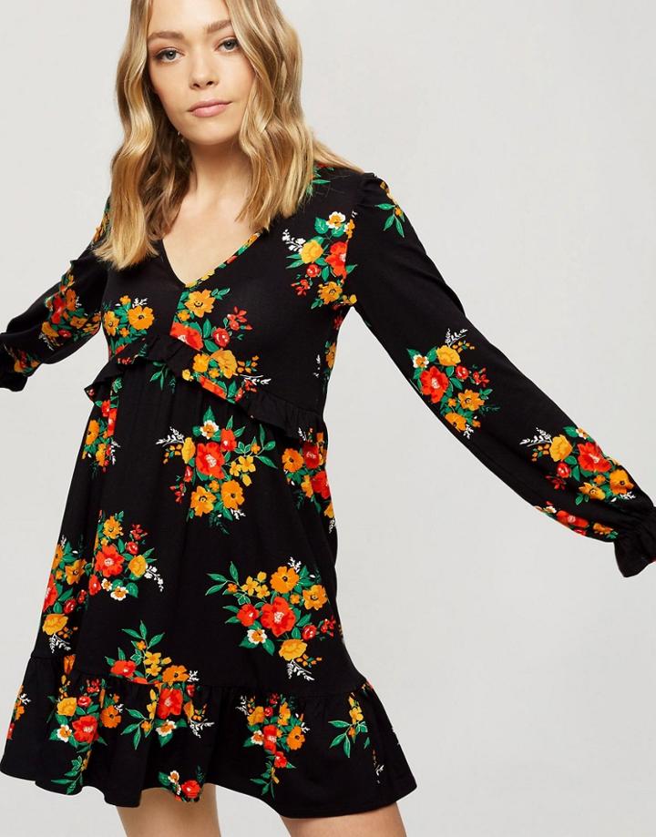Miss Selfridge Jersey Mini Smock Dress In Black Floral