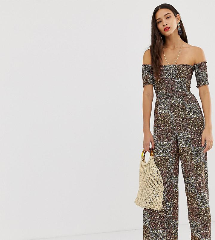 Stradivarius Shirred Bardot Floral Jumpsuit In Multi