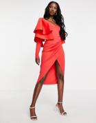 Asos Design Extreme Ruffle Shoulder Midi Dress In Hot Red