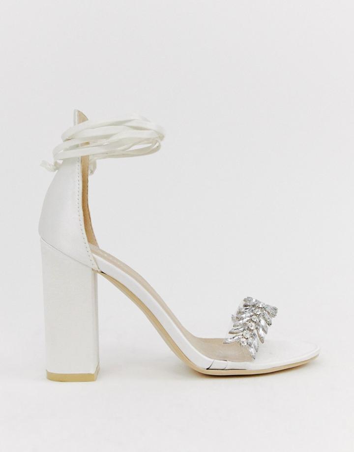 Be Mine Bridal Priya Ivory Satin Embellished Ankle Tie Heeled Sandals - White