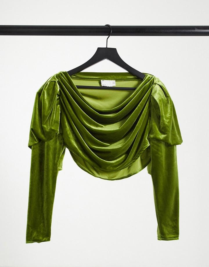 Asos Luxe Velvet Cowl Neck Long Sleeve Top In Green