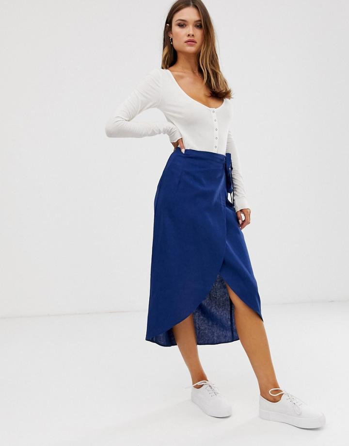 Asos Design Wrap Midi Skirt With Tie Side - Navy