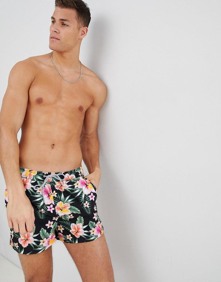 Burton Menswear Swim Shorts In Hawaiian Floral Print - Black