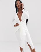 Asos Design Long Sleeve Textured Fringe Shirt Midi Dress - White