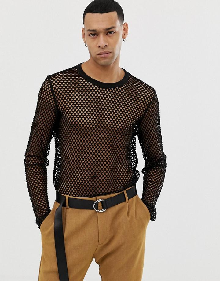 Weekday Chain Mesh Long Sleeve T-shirt In Black - Black