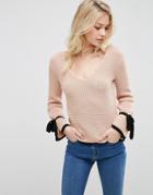 Asos Sweater With V Neck And Contrast Ties - Pink