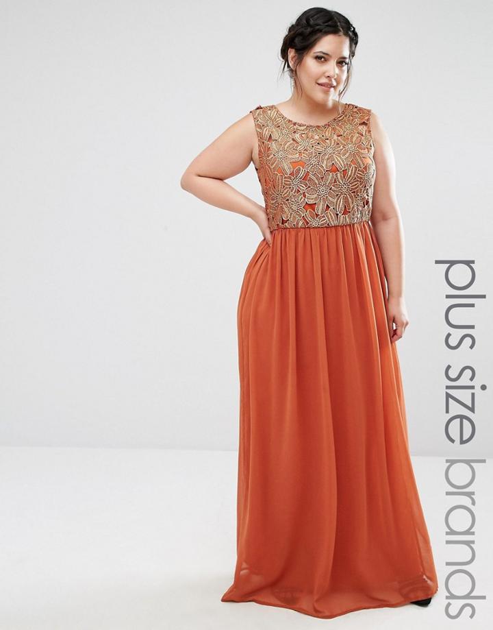 Club L Plus Maxi Dress With Metallic Lace Top - Orange