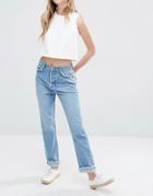 Neon Rose Jeans With Dropped Hem Detail - Denim Blue
