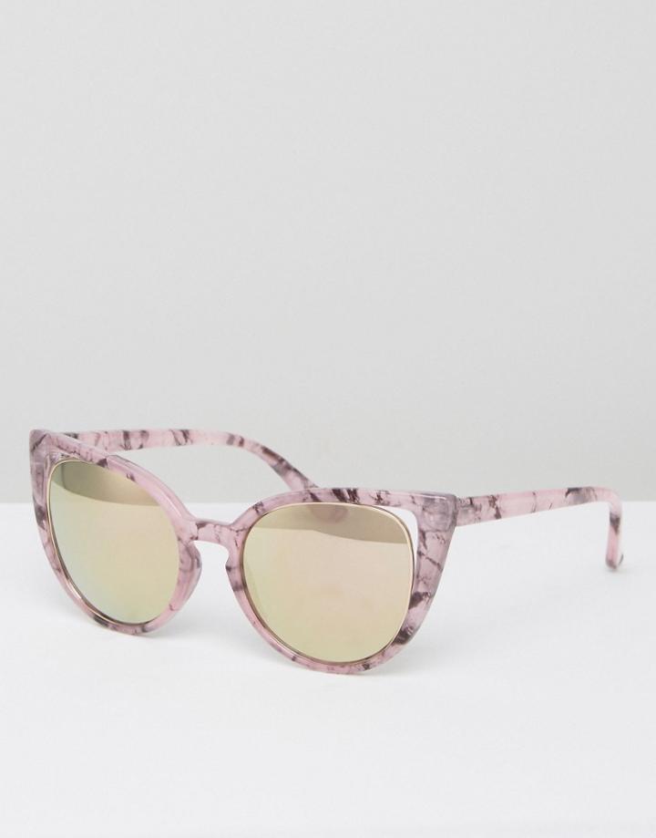 Asos Cat Eye Sunglasses With Cut Away Corner Detail With Flash Lens - Pink
