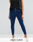 Asos Curve High Waist Ridley Skinny Jean In Deep Blue Wash - Blue