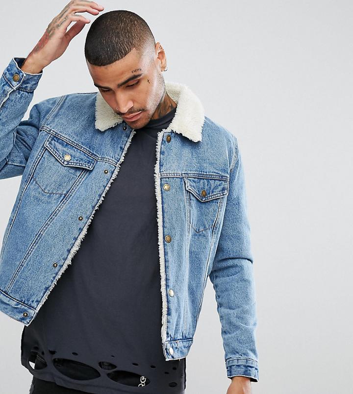 Rollas Denim Sherpa Jacket Stone Wash - Blue