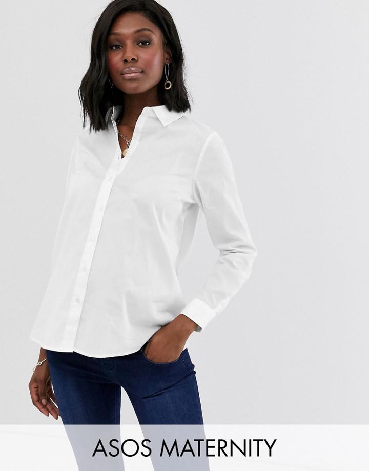 Asos Design Maternity Long Sleeve Shirt In Stretch Cotton - White