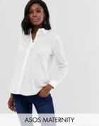 Asos Design Maternity Long Sleeve Shirt In Stretch Cotton - White
